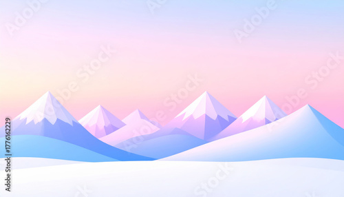 Minimalist snowy mountain landscape with pastel colors and serene atmosphere