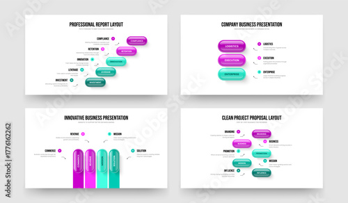 Visual Profile Five Three Four Option Diagram Presentation Template Vector Illustration Collection. Product Review 5 3 4 Element Infographic Frame Design Set.