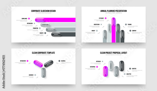 Company Overview Four Five Three Element Diagram Slideshow Layout Vector Illustration Bundle. Business Innovation 4 5 3 Option Infographic Slide Template Collection.