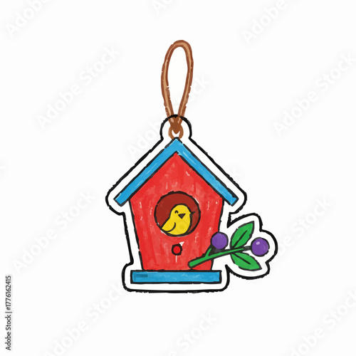 Crayon Drawing of a Red Birdhouse Ornament