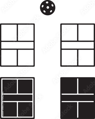 Isolated pickleball court icons set, black solid line outline filled minimal thin stroke court vector, pickleball game symbol, editable sport, recreation, athlete, active lifestyle design