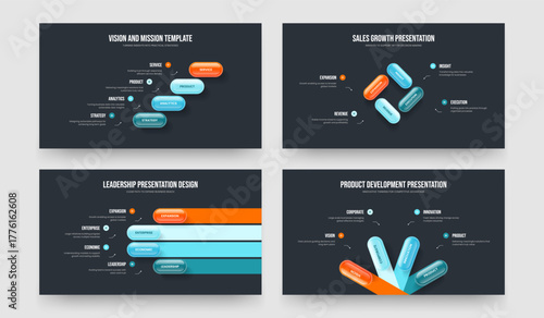 Digital Plan 4 Step Infographic Slide Template Bundle. Professional Development Four Element Diagram Slideshow Layout Vector Illustration Collection.
