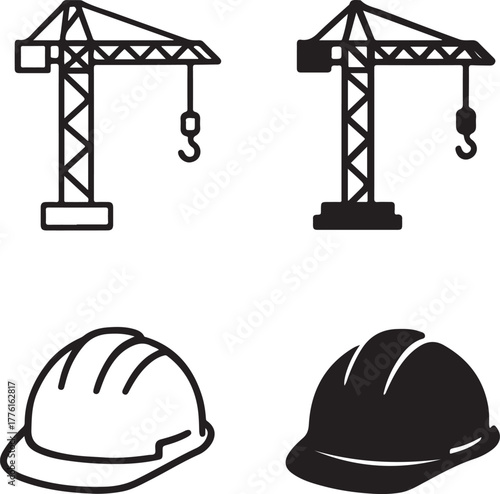 Isolated construction icons set, black solid line outline filled minimal thin stroke construction vector, builder tool helmet, editable engineering, labor, industrial, maintenance design