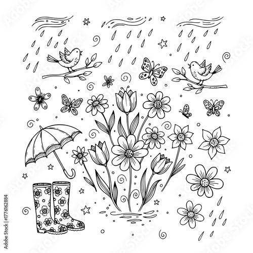 Spring season rain flowers doodle illustration
