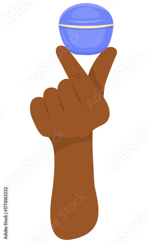 Fingers of dark-skinned hand holding jar of cream without stickers. Vector editable template copy space. Isolated design of cosmetic products, spa, personal care. Concept of purity, freshness, beauty