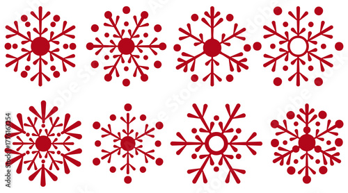 Set of classic winter snowflakes with six points. Vector isolated light red silhouettes. Traditional New Year's frost symbols. A selection of vector icons of various shapes flat style. Christmas print