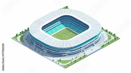 A detailed vector illustration of a modern stadium featuring a football field at the center with a circular seating layout, showcasing a sports venue designed for games, tournaments, and large events.