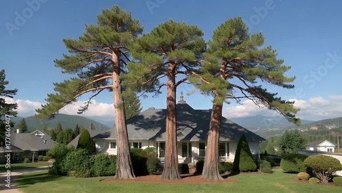 scenic view of three prominent pine trees designated as a natural monument within a historical estate on a bright summer