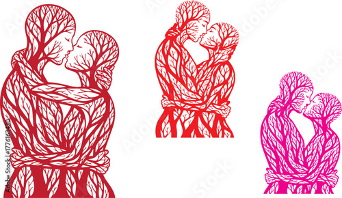 Abstract pixelated figures of couples embracing and kissing against a black backdrop