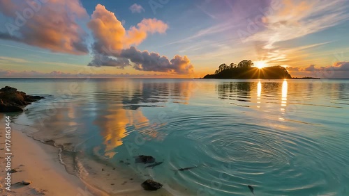 stunning sunset with its vibrant colors mirrored perfectly on the calm surface of a tropical body of water during a holiday