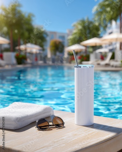 Refreshing Beverage by the Pool with Sunglasses and Towel in Summer