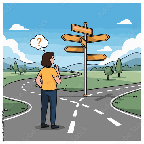 Decision Making and Path Choosing Illustration: People Looking at Highway Direction Signs (Downtown, City Center, Park) with Question Marks, Stopwatch, and Road Ahead Vector