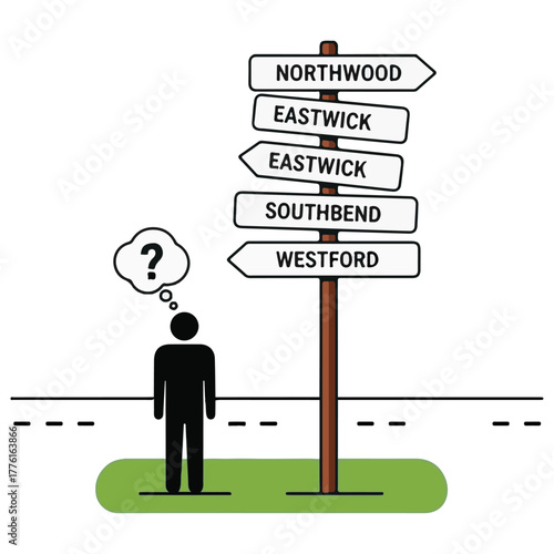 Decision Making and Path Choosing Illustration: People Looking at Highway Direction Signs (Downtown, City Center, Park) with Question Marks, Stopwatch, and Road Ahead Vector