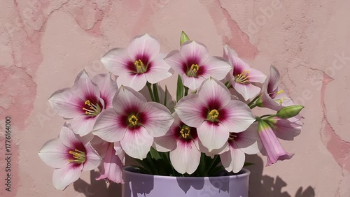 Purple Campanula Flowers Arranged in a Light-Colored Container Against a Pink Textured