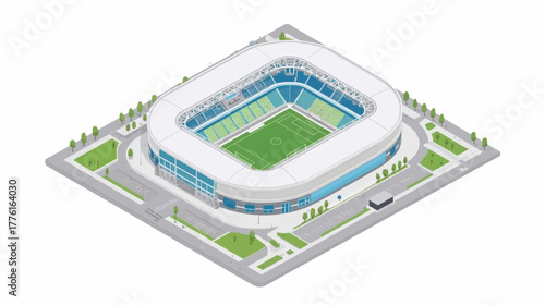 A detailed vector illustration of a modern stadium featuring a football field at the center with a circular seating layout, showcasing a sports venue designed for games, tournaments, and large events.