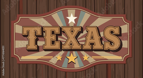 Vintage Texas sign with patriotic stars and stripes in a classic western style. Retro Americana vector emblem on a rustic wooden background