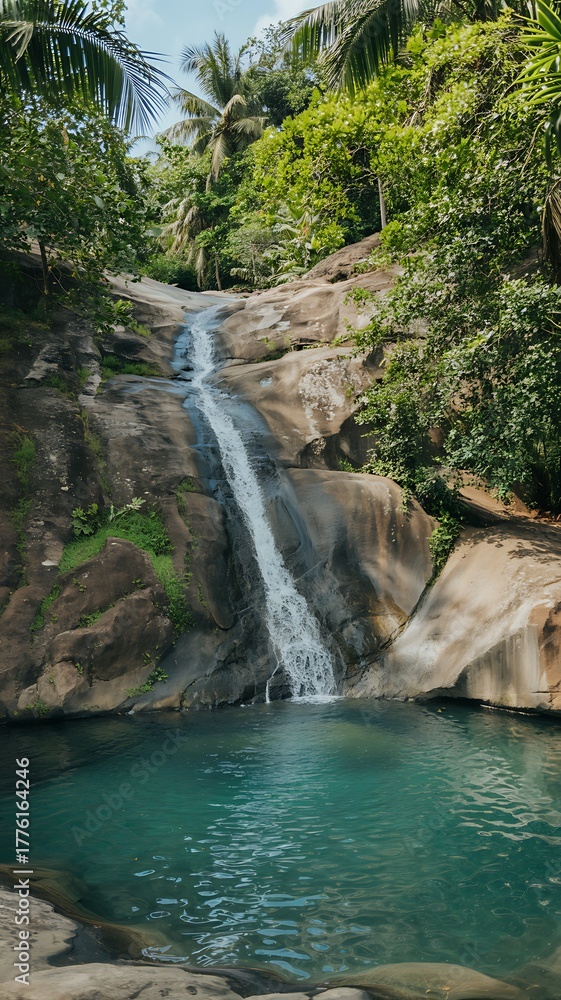 Fototapeta premium Tropical waterfall cascading into a clear blue pool