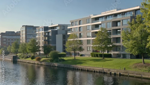 Multi-Unit Residential Buildings Located Along a Serene Riverbank with Abundant