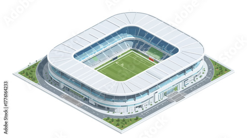 A detailed vector illustration of a modern stadium featuring a football field at the center with a circular seating layout, showcasing a sports venue designed for games, tournaments, and large events.