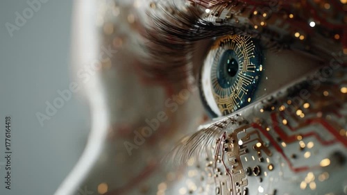 Eye of Tomorrow: A captivating close-up captures a mesmerizing eye with intricate circuits and golden specks, symbolizing the fusion of technology and the human spirit.