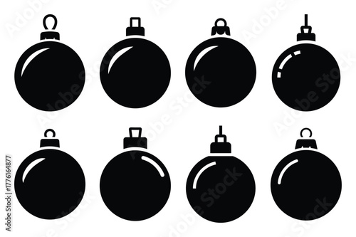 christmas bauble simple vector icon set. christmas silhouette icons on black color and white background.
