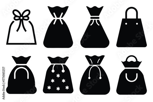 christmas gift bag simple vector icon set. christmas silhouette icons on black color and white background.