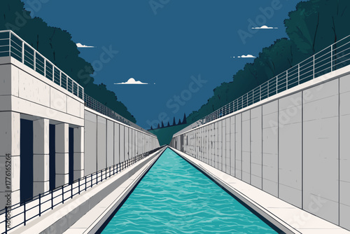 Tilt perspective of a downstream channel with lined walls.