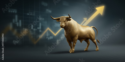 Golden bull figure symbolizes market trends. Charts and upward arrow suggest positive financial growth and investment success.