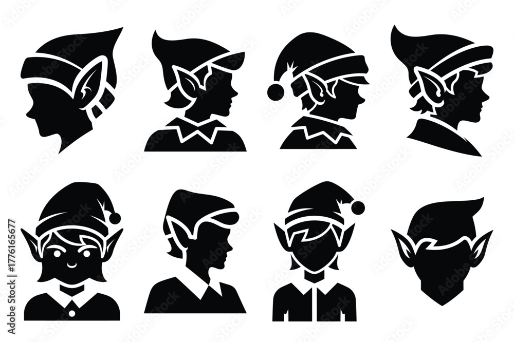 Fototapeta premium elf simple vector icon set. christmas silhouette icons on black color and white background.