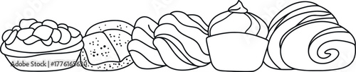 A continuous one line sweet bakery is represented in a modern illustration set with pastry and dessert icons and editable stroke paths