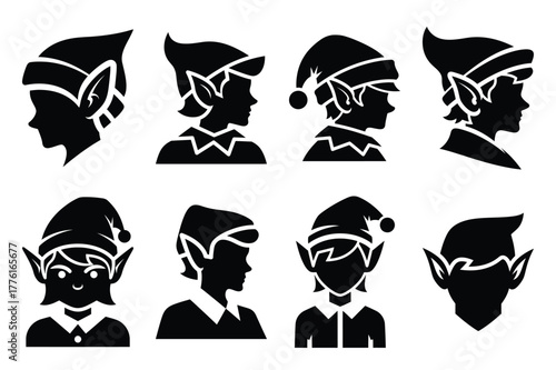 elf simple vector icon set. christmas silhouette icons on black color and white background.