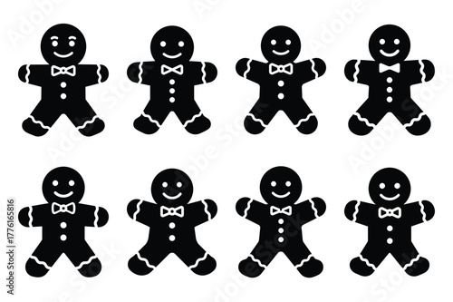 gingerbread man simple vector icon set. christmas silhouette icons on black color and white background.