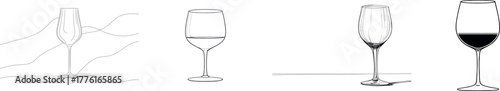 A minimalist linear concept of celebration and cheering is represented through a continuous line drawing of glasses of red wine, presented as a modern editable illustration