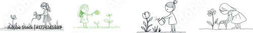 A small child is tending to plants in a vegetable garden, watering one from a can, as part of a one-line drawing that features line art on a white background with a minimum of one continuous line