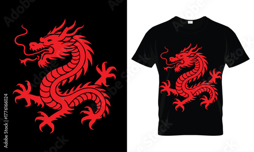 Dynamic White Dragon T-Shirt Design Vector Illustration on Black Background, Mythical Creature Apparel Graphic