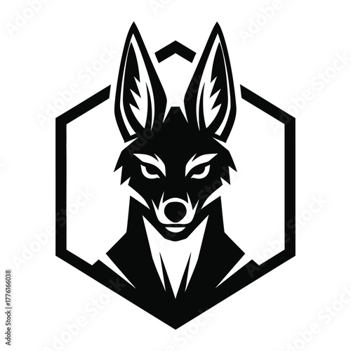 Fox head inside hexagon black logo design element