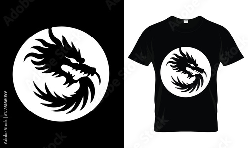 Dynamic White Dragon T-Shirt Design Vector Illustration on Black Background, Mythical Creature Apparel Graphic