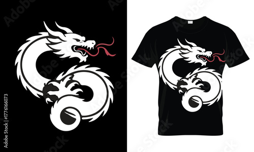 Dynamic White Dragon T-Shirt Design Vector Illustration on Black Background, Mythical Creature Apparel Graphic