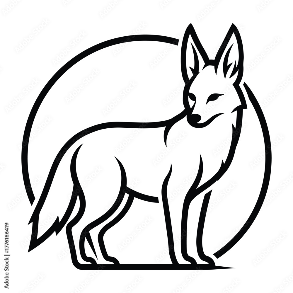 Fototapeta premium Fox standing outline in circle vector illustration