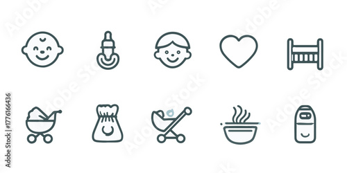 Baby care and infancy essentials outline vector icons