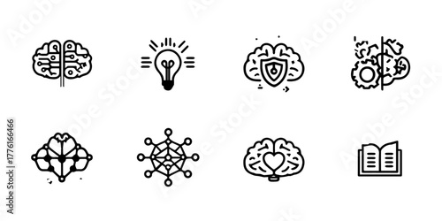 Digital brain, idea, and knowledge icons illustrating ai, innovation, and learning concepts.