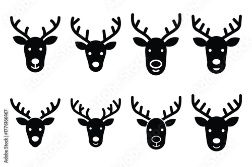 reindeer face simple vector icon set. christmas silhouette icons on black color and white background.