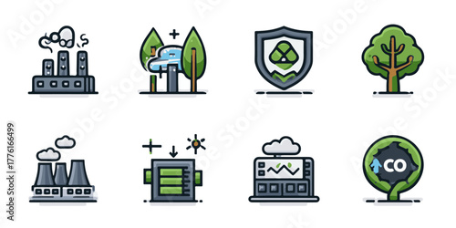 Global sustainability and industrial pollution vector icon set for eco-friendly design.