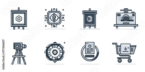 Collection of eight modern flat design icons representing business and technology concepts