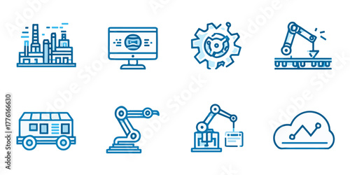 Modern industrial technology icons representing manufacturing automation and digital transformation concepts