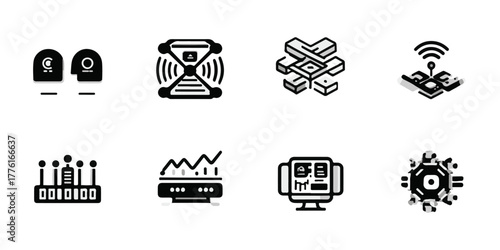 Collection of eight conceptual icons representing artificial intelligence and technology themes