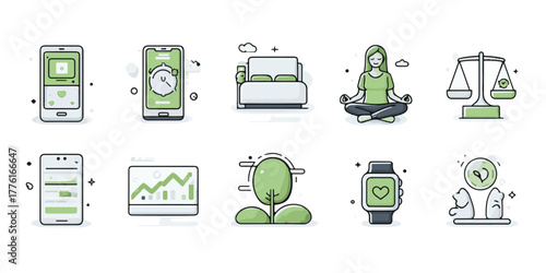 Collection of modern flat icons representing technology finance growth and sustainability concepts
