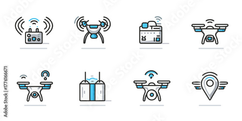 Collection of modern drone technology icons representing delivery surveillance and aerial photography concepts