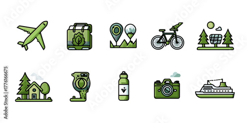 Collection of travel and outdoor adventure icons representing different vacation activities and destinations