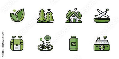 Collection of green eco friendly travel and outdoor adventure icons for sustainable tourism